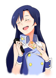 Rule 34 | 1girl, bare shoulders, blue hair, blush, cross, closed eyes, gulim, hand on own chest, idolmaster, idolmaster (classic), jewelry, kisaragi chihaya, long hair, microphone, necklace, open mouth, sleeveless, smile, solo, tears, upper body, wrist cuffs