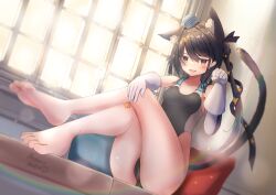 Rule 34 | 1girl, animal ears, aqua hat, artist name, barefoot, black hair, black one-piece swimsuit, black ribbon, breasts, brown eyes, cat ears, cat tail, competition swimsuit, dutch angle, extra ears, feet, garrison cap, gloves, hair ornament, hat, highleg, highleg swimsuit, highres, kantai collection, long hair, looking at viewer, medium breasts, nazono neko, one-piece swimsuit, paw pose, ribbon, scamp (kancolle), side ponytail, sitting, smile, soles, solo, star (symbol), star hair ornament, swimsuit, tail, toes, two-tone one-piece swimsuit, white gloves, window
