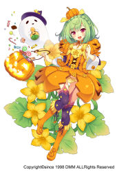 Rule 34 | 1girl, :d, boots, braid, candy, candy cane, crown braid, flower, flower knight girl, food, food-themed clothes, food-themed hair ornament, full body, ghost, green hair, hair ornament, hat, jack-o&#039;-lantern, knee boots, layered sleeves, lollipop, looking at viewer, name connection, object namesake, official art, open mouth, orange footwear, orange skirt, panties, pepo (flower knight girl), pumpkin hair ornament, purple thighhighs, red eyes, short hair, skirt, smile, solo, squash, standing, sugimeno, swirl lollipop, thighhighs, thighhighs under boots, underwear, white background, witch hat, yellow panties