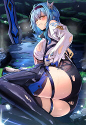 Rule 34 | 1girl, absurdres, ass, black footwear, black gloves, black hairband, black thighhighs, blue hair, bodysuit, boots, breasts, butterfly hair ornament, clothing cutout, defeat, eula (genshin impact), genshin impact, gloves, gradient eyes, greatsword, hair between eyes, hair ornament, hairband, highres, large breasts, long hair, looking at viewer, lying, multicolored eyes, on ground, on side, shoulder cutout, solo, song of broken pines (genshin impact), sword, thigh boots, thighhighs, thighs, torn bodysuit, torn clothes, weapon, yoshimoto (carpsukidayo)