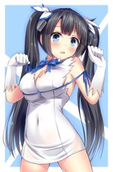 Rule 34 | 10s, 1girl, bare shoulders, black hair, blue eyes, blush, breasts, cleavage, covered navel, dungeon ni deai wo motomeru no wa machigatteiru darou ka, gloves, hair ribbon, hestia (danmachi), highres, large breasts, long hair, looking at viewer, open mouth, rei no himo, ribbon, solo, superpig, superpig (wlstjqdla), twintails, white gloves