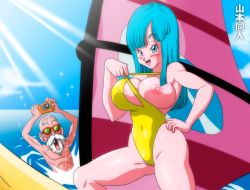 Rule 34 | 1boy, 1girl, areola slip, armpits, artist name, bald, bare arms, bare shoulders, beach, beard, blue eyes, blue hair, blunt bangs, blush, breasts, cameltoe, camera, casual one-piece swimsuit, cloud, covered navel, day, dragon ball, dragonball z, facial hair, flashing, hand on own hip, highres, large breasts, light rays, looking at viewer, maron (dragon ball), matching hair/eyes, medium breasts, missing tooth, mustache, muten roushi, nipples, ocean, old, old man, one-piece swimsuit, one breast out, outdoors, partially submerged, photographic proof, pulled by self, sky, smile, sunbeam, sunglasses, sunlight, swimsuit, white beard, white facial hair, windsurfing, yamamoto doujin, yellow one-piece swimsuit
