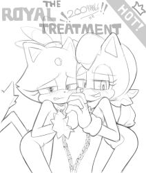 Rule 34 | 2girls, animal ears, blush, breasts, cat ears, cat tail, chain, collar, english text, female focus, filthypaladin, furry, furry female, gloves, greyscale, half-closed eyes, highres, holding hands, leaning forward, looking at viewer, looking away, looking to the side, monochrome, multiple girls, nude, open mouth, sally acorn, short hair, simple background, sketch, small breasts, smile, sonic (series), standing, tail, text focus, wavy mouth, white background
