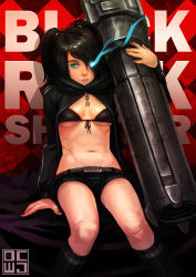 Rule 34 | 10s, 1girl, arm cannon, bandages, bandaid, bikini, bikini top only, black bikini, black hair, black rock shooter, black rock shooter (character), blue eyes, breasts, dcwj, female focus, glowing, glowing eyes, huge weapon, midriff, navel, scar, shorts, sitting, solo, swimsuit, twintails, underboob, vocaloid, weapon