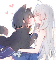 Rule 34 | 2girls, ^^^, absurdres, ahoge, animal ear fluff, animal ears, bare arms, bare shoulders, black cape, black hair, blue skirt, blush, braid, cape, closed mouth, commentary request, elaina (majo no tabitabi), from side, grey hair, hair between eyes, hand up, heart, highres, lionet0806, long hair, long sleeves, majo no tabitabi, multiple girls, profile, saya (majo no tabitabi), shirt, simple background, skirt, sleeveless, sleeveless shirt, surprised, tail, tail raised, tongue, tongue out, very long hair, white background, white shirt, yuri