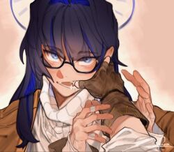 Rule 34 | 2girls, blue eyes, brown gloves, brown jacket, commentary, elbow gloves, female pov, finger in another&#039;s mouth, fingerless gloves, glasses, gloves, hololive, hololive english, jacket, long hair, long sleeves, looking at viewer, multiple girls, nanashi mumei, nerinn (artist), ouro kronii, ouro kronii (casual), pink background, pov, purple hair, ribbed sweater, sleeves past wrists, sweater, turtleneck, turtleneck sweater, virtual youtuber, white sweater, yuri