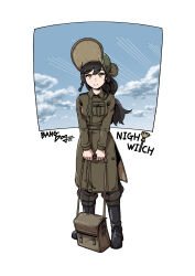 Rule 34 | 1girl, absurdres, aircraft, airplane, army, bag, bangdog, belt, black footwear, blue sky, boots, breast pocket, chin strap, cloud, coat, collar, contrail, deerstalker, full body, gaiters, hair between eyes, hat, helmet, highres, holding, holding bag, long hair, long sleeves, looking at viewer, military, combat helmet, military uniform, original, pants, pocket, signature, sky, smile, soldier, solo, standing, swept bangs, thick eyelashes, uniform, white background, witch, yellow eyes
