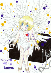 Rule 34 | 1boy, angel, angel boy, blonde hair, digimon, digimon (creature), heart, highres, lucemon, male focus, solo, wings