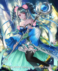 Rule 34 | 1girl, bare shoulders, black thighhighs, blue dress, blue ribbon, character request, closed mouth, collarbone, commentary request, dated, day, dress, drill hair, fingernails, flower, frilled skirt, frills, green hair, hair flower, hair ornament, hair ribbon, high heels, holding, holding staff, kgr, long sleeves, looking at viewer, lord of knights, nail polish, official art, pink flower, pleated skirt, red eyes, ribbon, sidelocks, skirt, solo, staff, strapless, strapless dress, thighhighs, tree, twin drills, twintails, white footwear, white nails, white skirt, wide sleeves