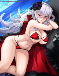 Rule 34 | 1girl, absurdres, azur lane, bikini, blue sky, blush, breasts, cleavage, clothing cutout, cloud, coat, covered erect nipples, crossed bangs, dutch angle, flower, fur collar, fur trim, graf zeppelin (azur lane), graf zeppelin (beachside urd) (azur lane), hair between eyes, hair flower, hair ornament, hat, unworn headwear, highres, large breasts, long hair, looking at viewer, lying, multi-strapped bikini, navel, ocean, on side, open clothes, open coat, open mouth, outdoors, overcoat, patreon logo, patreon username, peaked cap, red bikini, red eyes, shiny skin, signature, silver hair, sky, solo, stomach, swimsuit, very long hair, vilde loh hocen