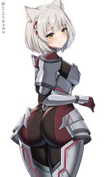 Rule 34 | 1girl, animal ears, armor, artist name, ass, ass focus, blush, bodysuit, breastplate, breasts, cat ears, cosplay, embarrassed, from behind, gloves, grey hair, highres, huge ass, looking at viewer, looking back, m (xenoblade), m (xenoblade) (cosplay), medium breasts, mio (xenoblade), namu (112namu), short hair, sideboob, skin tight, smile, solo, white hair, wide hips, xenoblade chronicles (series), xenoblade chronicles 3, yellow eyes