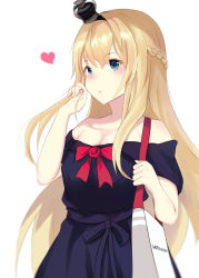 Rule 34 | 10s, 1girl, alternate costume, bag, blonde hair, blue dress, blue eyes, braid, breasts, cleavage, crown, dress, french braid, hairband, kantai collection, logo, long hair, lxb, mini crown, mitsukoshi (department store), off-shoulder dress, off shoulder, simple background, solo, warspite (kancolle), white background