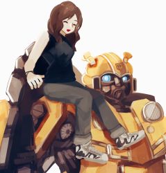 Rule 34 | 1girl, :d, ^ ^, animification, autobot, black shirt, blue eyes, bracelet, brown hair, bumblebee (film), bumblebee (transformers), charlie watson, closed eyes, grey pants, highres, jewelry, looking at viewer, mecha, medium hair, on mecha, open mouth, pants, parted bangs, robot, science fiction, shirt, shoes, simple background, sitting, sleeveless, sleeveless shirt, smile, sneakers, transformers, transformers (live action), white background, white footwear, ziopo