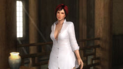 Rule 34 | 1girl, 3d, breasts, cleavage, cowboy shot, dead or alive, dead or alive 5, indoors, large breasts, medium breasts, mila (doa), naked shirt, no bra, official art, pajamas, red hair, shirt, short hair, solo, spaniard, spanish (nationality), standing, vase, window