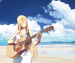 Rule 34 | acoustic guitar, bare shoulders, beach, blonde hair, blue sky, bracelet, circle a, closed eyes, closed mouth, cloud, cloudy sky, commentary request, day, dress, guitar, halterneck, highres, holding, holding instrument, instrument, jewelry, landscape, long hair, mountain, mountainous horizon, music, ocean, original, playing instrument, plectrum, seascape, sky, sleeveless, sleeveless dress, smile, sundress, very long hair, white dress