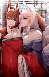 Rule 34 | 2girls, absurdres, amagi (azur lane), animal ear fluff, animal ears, azur lane, bare shoulders, breasts, brown hair, brown tail, cleavage, coat, detached collar, floral print, fox ears, fox tail, from side, gold trim, grabbing, grabbing from behind, hair between eyes, hair ornament, highres, japanese clothes, kimono, kitsune, lace-trimmed coat, lace trim, large breasts, large tail, long sleeves, multiple girls, multiple tails, panties, purple eyes, purple kimono, red coat, samip, shinano (azur lane), slit pupils, steam, tail, underwear, white hair, white panties, white tail, wide sleeves, yuri
