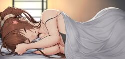 Rule 34 | 1girl, absurdres, babydoll, bed, black babydoll, blanket, breasts, brown hair, cleavage, closed eyes, flower, hair flower, hair ornament, highres, kantai collection, kasu (kasunohikari), large breasts, long hair, lying, on bed, on side, pillow, pillow grab, ponytail, sleeping, solo, under covers, very long hair, yamato (kancolle)
