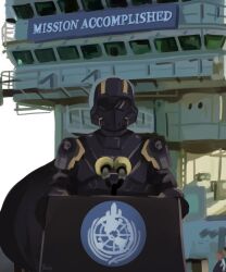 Rule 34 | 1other, absurdres, artist name, banner, cape, commentary, english commentary, english text, helldiver (helldivers), helldivers (series), helmet, highres, lectern, looking at viewer, microphone, military vehicle, outdoors, parody, photo-referenced, real life, ship, standing, straight-on, taco0000oo, upper body, warship, watercraft
