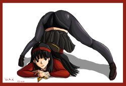 Rule 34 | 1girl, amagi yukiko, ass, atlus, black eyes, black hair, black legwear, border, dated, jack-o&#039; challenge, long hair, looking at viewer, persona, persona 4, red border, self-upload, simple background, solo, tagme, thighs, victoria mikoto, white background