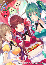 Rule 34 | 3girls, apron, black bow, black ribbon, blush, bow, breasts, brown hair, cake, character request, cleavage, company name, copyright request, food, green eyes, green hair, green ribbon, hair ribbon, holding, holding plate, large breasts, long hair, looking at viewer, maid, maid apron, maid headdress, multiple girls, nanotaro, one eye closed, open mouth, plate, ponytail, red eyes, ribbon, smile, upper body, wrist cuffs, yellow eyes