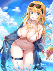 Rule 34 | 1girl, bikini, blonde hair, blue eyes, blue sky, bracelet, breasts, cleavage, cloud, coat, d:, day, eyewear on head, food, glint, gluteal fold, highres, ice cream, ice cream cone, jewelry, large breasts, leg strap, lens flare, lkeris, long hair, mole, mole under eye, nail polish, necklace, o-ring, o-ring bikini, open clothes, open coat, open mouth, original, outdoors, see-through, skindentation, sky, solo, stomach, string bikini, sunglasses, sunglasses on head, swimsuit, thigh gap, thigh strap, thighs, very long hair, wading, water, white bikini
