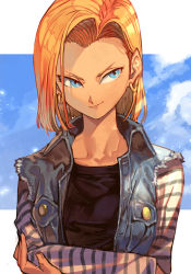 Rule 34 | 1girl, android 18, arms under breasts, blonde hair, blue eyes, blue sky, cloud, crossed arms, denim, denim jacket, dragon ball, dragonball z, earrings, hungry clicker, jacket, jewelry, looking to the side, medium hair, sky, sleeveless, sleeveless jacket, smirk, solo, striped sleeves, torn clothes, torn sleeves, upper body