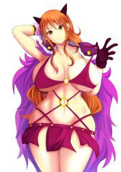 Rule 34 | 1girl, absurdres, alternate costume, beast pirates uniform, bikini, bikini top only, black gloves, bracelet, breasts, cape, cleavage, covered erect nipples, earrings, fake horns, flower, fur cape, gloves, hair flower, hair ornament, highres, horns, huge breasts, jewelry, long hair, looking at viewer, mikado ryouma, miniskirt, nami (one piece), navel, o-ring, o-ring bikini, one piece, orange eyes, orange hair, parted lips, red bikini, side slit, sidelocks, simple background, skirt, smile, solo, stomach, swimsuit, thighs, white background
