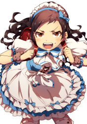 Rule 34 | 10s, 1girl, angry, backpack, bad id, bad pixiv id, bag, blue dress, blush, bow, brown eyes, brown hair, corset, cowboy shot, dress, frilled dress, frills, hairband, highres, idolmaster, idolmaster million live!, kitazawa shiho, leaning forward, long hair, looking at viewer, maid headdress, multicolored clothes, multicolored dress, narumi arata, open mouth, parted bangs, puffy sleeves, randoseru, school bag, short sleeves, shouting, simple background, solo, standing, teeth, white background, white dress, wristband