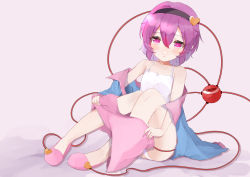 Rule 34 | 1girl, absurdres, bare shoulders, black hairband, blue shirt, blush, flat chest, full body, fuua (fxae3875), hair between eyes, hairband, highres, knees together feet apart, knees up, komeiji satori, off shoulder, pink eyes, pink hair, pink skirt, shirt, short hair, simple background, sitting, skirt, slippers, solo, third eye, touhou, undressing, white background