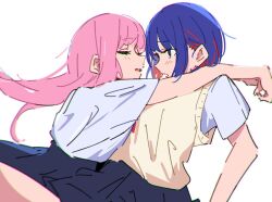 Rule 34 | 2girls, arms around neck, atenaba, blue eyes, blue hair, blue skirt, blush, closed eyes, kaf (kamitsubaki studio), kamitsubaki studio, long hair, looking at another, multicolored hair, multiple girls, parted lips, pink hair, pleated skirt, red hair, rim (kamitsubaki studio), school uniform, shirt, short hair, short sleeves, simple background, skirt, streaked hair, sweater vest, white background, white shirt, yellow sweater vest, yuri