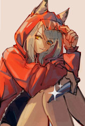 Rule 34 | 1girl, animal ears, arknights, bare legs, black one-piece swimsuit, brown background, closed mouth, commentary, ears through headwear, eyesee, female focus, grey hair, hand up, holding, holding knife, holding weapon, hood, hood up, hooded jacket, jacket, knife, long sleeves, looking at viewer, official alternate costume, one-piece swimsuit, projekt red (arknights), projekt red (light breeze) (arknights), red jacket, simple background, sitting, solo, swimsuit, v-shaped eyebrows, weapon, wolf ears, yellow eyes