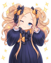 Rule 34 | 1girl, abigail williams (fate), black bow, black dress, blonde hair, blue eyes, blush, bow, breasts, closed mouth, double v, dress, fate/grand order, fate (series), forehead, hands up, highres, long hair, long sleeves, looking at viewer, multiple bows, one eye closed, orange bow, parted bangs, polka dot, polka dot bow, small breasts, smile, solo, sparkle, tomo (tmtm mf mf), v