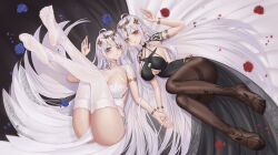 Rule 34 | 2girls, absurdres, azur lane, black pantyhose, blue eyes, blush, bracelet, breasts, cleavage, closed mouth, commentary request, emden (azur lane), feet, hair ornament, highres, ichikushi mojibake, jewelry, large breasts, legs, legs up, long hair, looking at viewer, lying, multiple girls, on back, on side, pantyhose, parted lips, red eyes, revision, smile, soles, thighband pantyhose, thighhighs, thighs, white hair, white thighhighs
