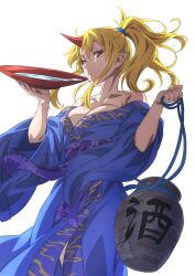 Rule 34 | 1girl, alcohol, blonde hair, blue kimono, breasts, cleavage, cup, gyouza (mhea5724), high ponytail, highres, holding, holding cup, horns, hoshiguma yuugi, hoshiguma yuugi (kimono), japanese clothes, kimono, large breasts, long hair, long sleeves, looking at viewer, obi, official alternate costume, open mouth, red eyes, red horns, sakazuki, sake, sash, simple background, single horn, solo, touhou, white background, wide sleeves