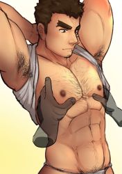 Rule 34 | 1boy, 1other, abs, armpits, arms behind head, bara, barry go, blush, body hair, brown hair, chest hair, cropped, facial hair, fundoshi, goatee, grabbing, groping, highres, japanese clothes, long sideburns, male focus, male underwear, manly, muscular, navel, nipples, pectoral grab, pectorals, sideburns, solo focus, stubble, takabushi kengo, thick eyebrows, tokyo houkago summoners, underwear, upper body, white male underwear