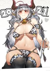 Rule 34 | 1girl, 2021, absurdres, ahoge, animal print, bare shoulders, bikini, black thighhighs, blush, breasts, chinese zodiac, cow horns, cow print, cow tail, curvy, hairband, highres, horns, large breasts, looking at viewer, navel, neshia (tsaqif0309), original, red eyes, seiza, shiny skin, sitting, smile, solo, swimsuit, tail, thighhighs, year of the ox