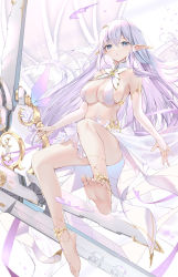Rule 34 | 1girl, absurdres, albion (azur lane), anklet, arino ayarei, azur lane, bare legs, bare shoulders, barefoot, breasts, bridal gauntlets, cleavage, criss-cross halter, elbow gloves, feet, full body, gloves, gold trim, gradient hair, halterneck, highres, holding, jewelry, large breasts, legs, long hair, multicolored hair, parted lips, pointy ears, purple eyes, purple hair, revealing clothes, skirt, solo, toes, white hair