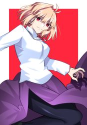 Rule 34 | 1girl, absurdres, antenna hair, arcueid brunestud, black pantyhose, blonde hair, border, closed mouth, commentary request, exa (koyuru), fingernails, hair between eyes, highres, jewelry, long skirt, long sleeves, looking at viewer, melty blood, melty blood: type lumina, necklace, outside border, pantyhose, purple skirt, rectangle, red arcueid, red eyes, shadow, short hair, single hair intake, skirt, smile, solo, sweater, tsukihime, tsukihime (remake), turtleneck, turtleneck sweater, white border, white sweater