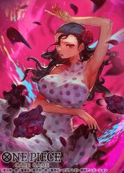 Rule 34 | 1girl, arm up, breasts, commentary request, copyright name, cowboy shot, dress, floating hair, flower, hair slicked back, holding, holding clothes, holding dress, large breasts, long hair, nijimaarc, official art, one piece, one piece card game, purple flower, purple rose, red eyes, rose, skirt hold, sleeveless, sleeveless dress, solo, turtleneck, turtleneck dress, viola (one piece)