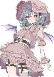 Rule 34 | 1girl, bat wings, belt, belt buckle, blue hair, blush, buckle, center frills, chain, collar, commentary, cowboy shot, frills, hat, hat ribbon, heart, heart-shaped pupils, highres, midriff, mob cap, open mouth, pink hat, pink shirt, pink skirt, pointy ears, red eyes, remilia scarlet, ribbon, see-through clothes, see-through sleeves, shirt, short hair, simple background, skirt, solo, symbol-shaped pupils, tamagogayu1998, touhou, white background, wings, wrist cuffs