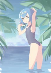 Rule 34 | 1girl, absurdres, arm up, armpits, ass, blue eyes, blue hair, cloud, commentary, creatures (company), freckles, game freak, hairband, hand up, highres, lana (pokemon), looking at viewer, looking back, melonyogurt, nintendo, no sclera, one-piece swimsuit, outdoors, palm tree, parted lips, pokemon, pokemon sm, short hair, sky, smile, solo, swimsuit, tree, trial captain, wading, water
