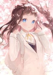 Rule 34 | 1girl, artist name, backpack, bag, black vest, blazer, blue eyes, brown hair, closed mouth, collarbone, commentary request, day, floating hair, gomzi, hands up, jacket, light smile, long hair, long sleeves, multicolored hair, neck ribbon, original, outdoors, petals, red hair, ribbon, school uniform, shirt, signature, sleeves past wrists, solo, streaked hair, tree, upper body, vest, white jacket, white shirt, yellow ribbon