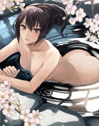 Rule 34 | 1girl, :d, ass, bathing, black hair, branch, breasts, brown eyes, cherry blossoms, collarbone, completely nude, flower, hair between eyes, hair up, highres, kantai collection, kasumi (skchkko), large breasts, long hair, looking at viewer, nagato (kancolle), nude, open mouth, partially submerged, petals, smile, solo, wet