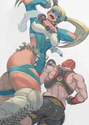 Rule 34 | 2girls, artist request, ass, blonde hair, blush, breasts, crop top, elbow cutout, head out of frame, highleg, highleg leotard, highres, large breasts, leotard, long hair, marisa (street fighter), mask, microphone, multiple girls, muscular, muscular female, rainbow mika, red hair, short hair, shorts, street fighter, street fighter 6, twintails, very long hair, white background, wrestling outfit