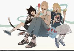 Rule 34 | 3girls, alternate costume, animal ears, art program in frame, black hair, blonde hair, cat ears, cat girl, cat tail, closed mouth, commentary, denim, dungeon meshi, eating, falin touden, food, food in mouth, green eyes, highres, holding, holding food, holding ice cream cone, holding popsicle, ice cream, ice cream cone, izutsumi, jeans, jersey, knees up, li chestnuts, long hair, long sleeves, marcille donato, medium hair, multiple girls, open mouth, pants, popsicle, sandals, shirt, shoes, short sleeves, simple background, sitting, skirt, smile, sneakers, socks, symbol-only commentary, tail, teeth, tongue, tongue out, upper teeth only, white background, white shirt, white skirt, white socks, yellow eyes