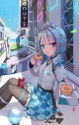 Rule 34 | 1girl, ahoge, animal, between thighs, black cat, black pantyhose, blue eyes, blue hair, blue skirt, blue sky, box, braid, brick wall, can, cat, checkered clothes, checkered skirt, chestnut mouth, cloud, collared shirt, commentary request, day, doughnut, dr pepper, dress shirt, feet out of frame, food, frilled skirt, frills, grey hair, heterochromia, highres, holding, holding box, holding food, horizon, knees up, liclac, long sleeves, looking at viewer, maid, multicolored hair, neon lights, ocean, original, outdoors, pantyhose, parted lips, pastry box, purple eyes, purple hair, shirt, skirt, sky, solo, streaked hair, water, white shirt, window