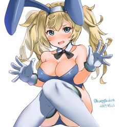 Rule 34 | 1girl, animal ears, bare shoulders, blonde hair, blush, breasts, cleavage, commentary request, detached collar, fake animal ears, gambier bay (kancolle), gloves, kangoku kou, kantai collection, large breasts, leotard, long hair, looking at viewer, one-hour drawing challenge, playboy bunny, rabbit ears, sitting, solo, thighhighs, twintails, white gloves, white thighhighs
