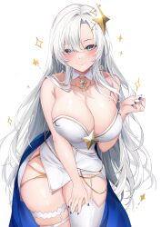 Rule 34 | 1girl, absurdres, blue cape, blush, breasts, cape, cleavage, closed mouth, collarbone, commission, deogho (liujinzy9854), detached collar, dress, grey eyes, hair between eyes, hair ornament, hand on own thigh, highres, large breasts, long hair, looking at viewer, applying manicure, nail polish, original, seductive smile, sidelocks, simple background, smile, standing, star (symbol), star hair ornament, thighhighs, very long hair, white background, white dress, white hair, white thighhighs
