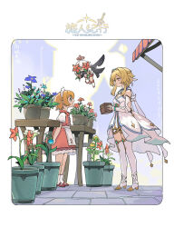 Rule 34 | 3girls, apron, awning, black cape, blonde hair, blue flower, boots, border, box, cape, cecilia flower (genshin impact), closed mouth, cross-laced clothes, detached sleeves, dress, expressionless, feather hair ornament, feathers, flora (genshin impact), flower, flower pot, genshin impact, hair between eyes, hair intakes, hair ornament, halo, hands up, highres, holding, holding box, holding flower, light brown hair, looking at another, lumine (genshin impact), maid headdress, multiple girls, open mouth, orange flower, paimon (genshin impact), pink dress, plant, potted plant, profile, puffy short sleeves, puffy sleeves, purple flower, short hair, short hair with long locks, short sleeves, sidelocks, silhouette, sleeveless, sleeveless dress, small lamp grass, smile, standing, stone floor, sweet flower, table, thigh boots, translation request, vambraces, waist apron, white apron, white background, white border, white cape, white dress, white flower, white footwear, white hair, windwheel aster (genshin impact), xiang wan wei wan, yellow eyes