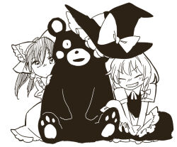 Rule 34 | 2girls, aged down, apron, bear, bow, braid, child, closed eyes, commentary request, detached sleeves, frilled bow, frills, greyscale, grin, hair bow, hair tubes, hakurei reimu, hat, hat bow, hiding, hiding behind another, kirisame marisa, kumamon, light blush, long hair, looking at viewer, monochrome, multiple girls, neck ribbon, ribbon, short sleeves, side braid, simple background, single braid, skirt, smile, touhou, vest, waist apron, white background, witch hat, yonu (yonurime)